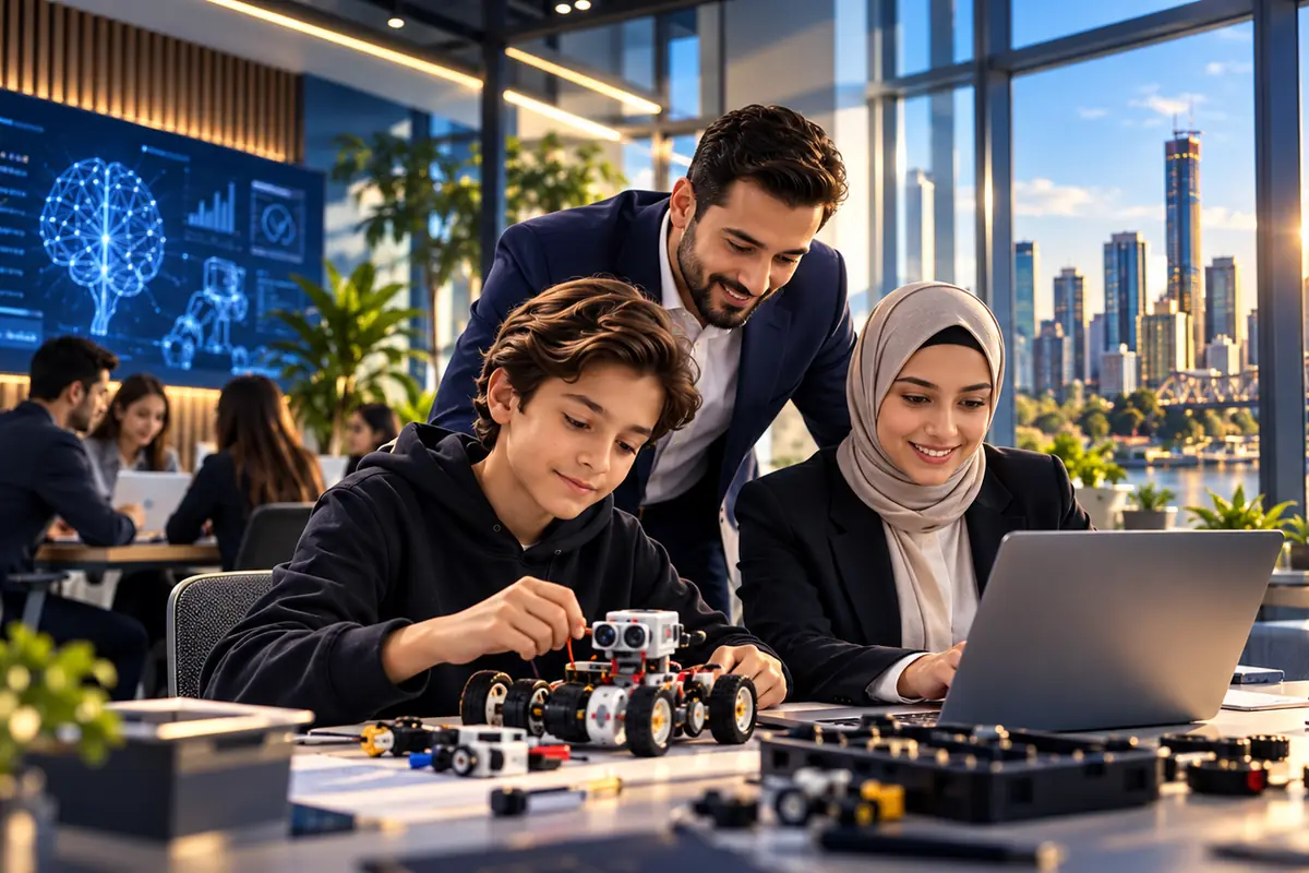 A trainer working with a young learner and a colleague on a robotics build and a laptop