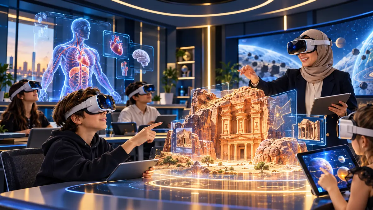 Learners in VR headsets exploring a holographic model of Petra with their teacher