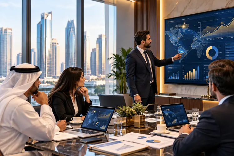 An executive presenting global data on a boardroom screen