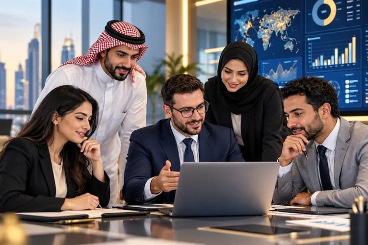 A business team reviewing global data on a laptop together