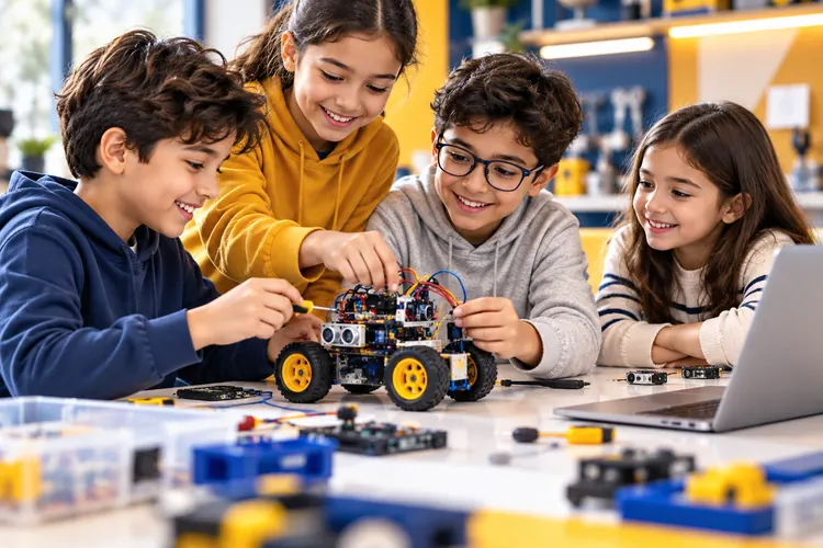 Four children building and testing a robot car together