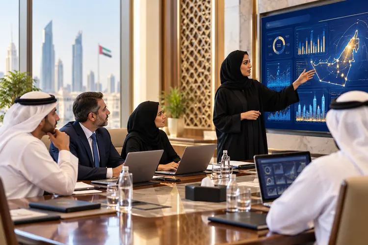 A government official presenting data on a boardroom screen to colleagues