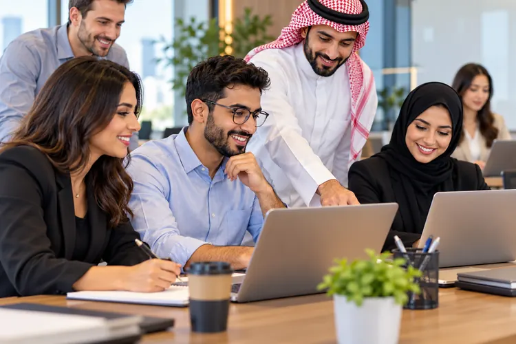 A team of professionals reviewing work together on a laptop