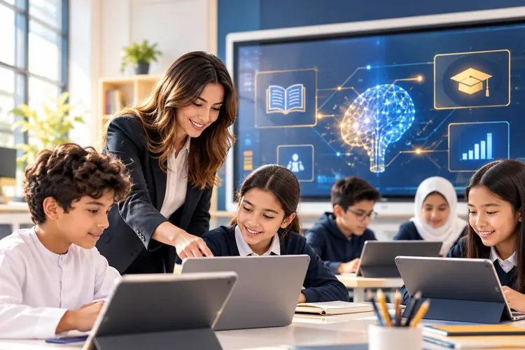 A teacher guiding students through an AI lesson on an interactive screen