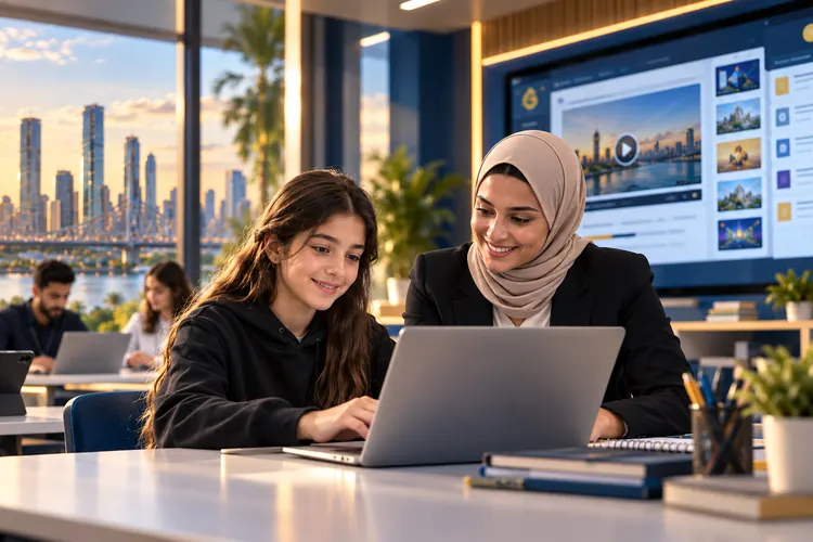 A trainer guiding a university-age student through an AI lesson on a laptop, with a city skyline behind them