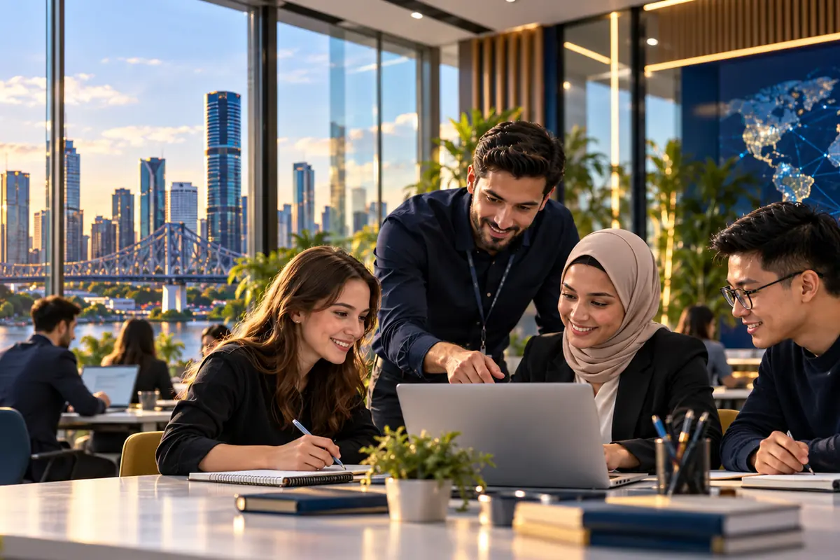 A trainer helping a small team work through a problem on a laptop
