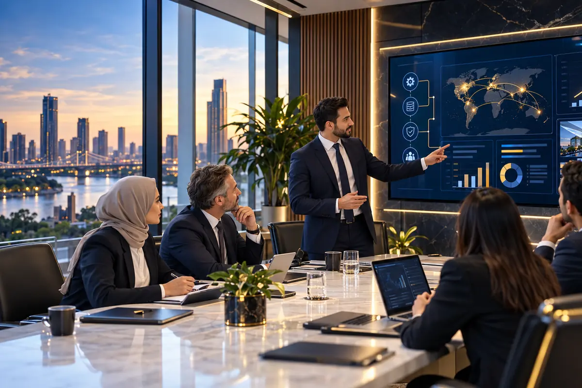A presenter taking a leadership team through strategy dashboards in a boardroom