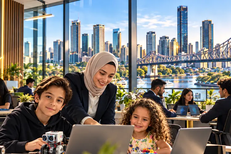 Children and a trainer at laptops, with Brisbane's Story Bridge behind them