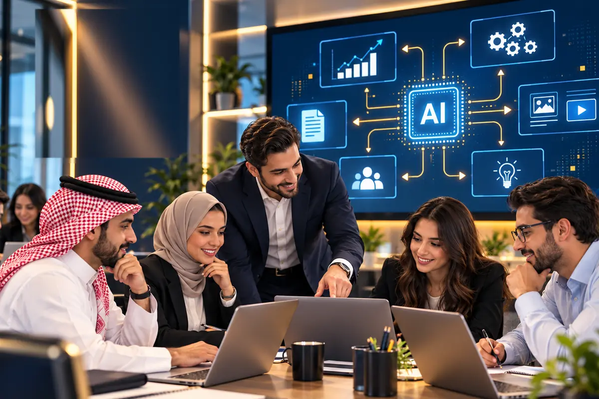 A trainer guiding a team of professionals through AI tools on their laptops