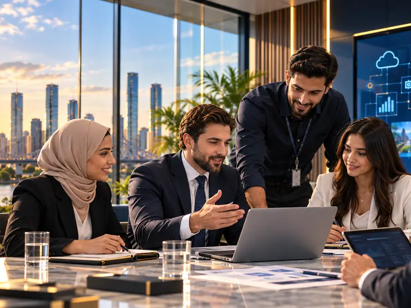 Professionals working through an AI workflow together around a laptop
