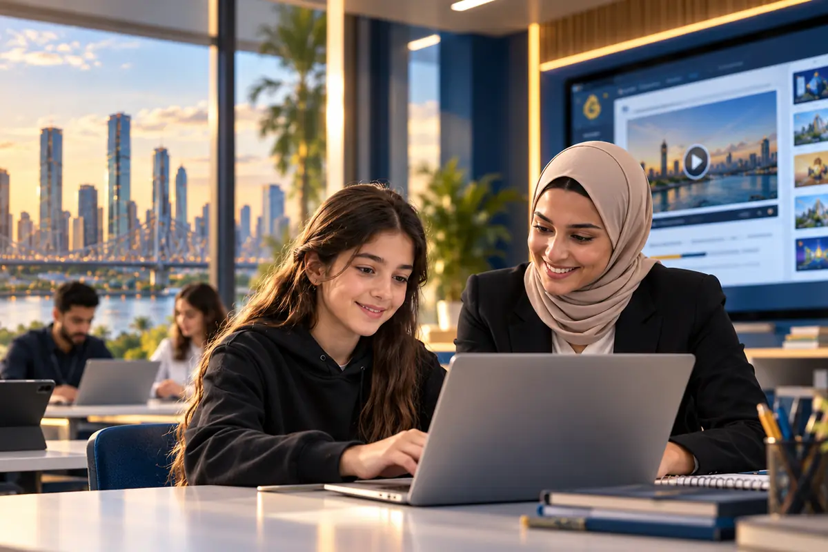 A teacher helping a student with a lesson on a laptop in a bright classroom