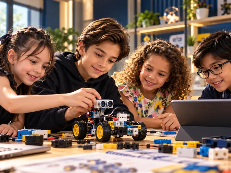 Children wiring sensors onto a robot car in a robotics workshop
