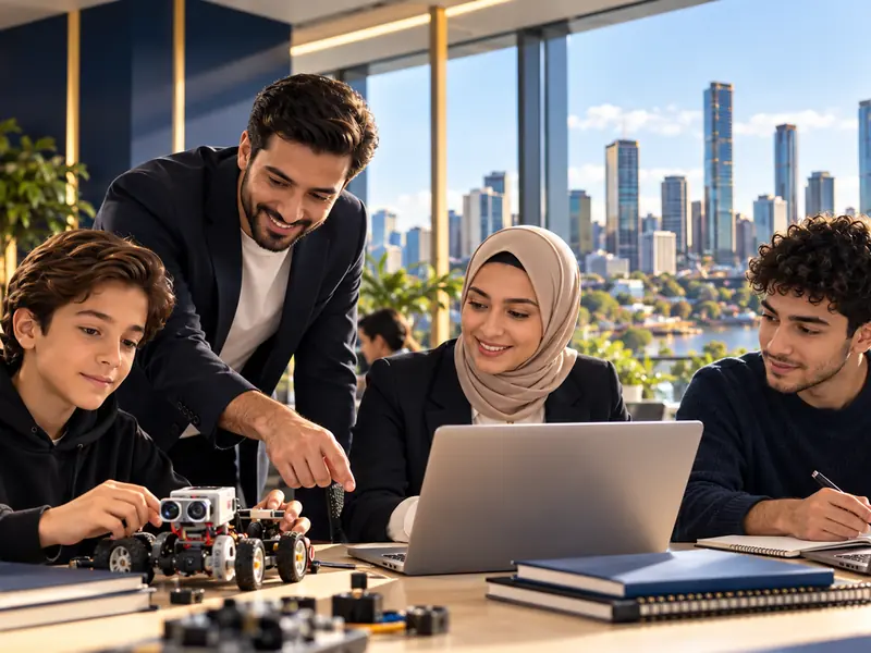 A teacher guiding students through robotics and laptop work in a classroom