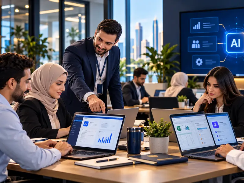 A trainer guiding professionals through an AI exercise on their laptops