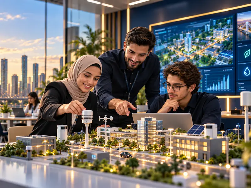 A team adjusting sensors on a smart-city model beside live data dashboards