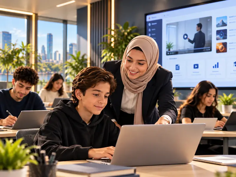 A teacher helping a student on a laptop in a digital classroom