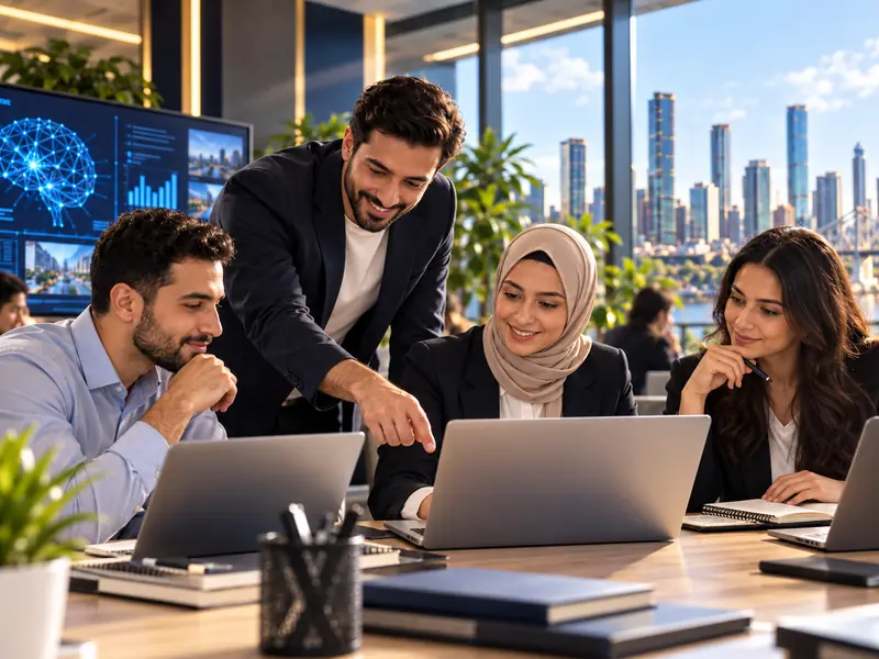 A trainer pointing out work on a laptop to three professionals