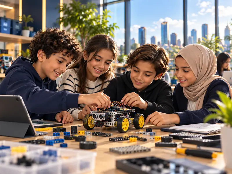 Four young learners wiring and building a robot car together