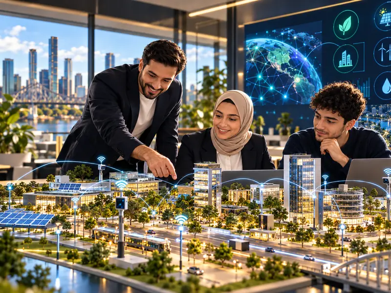 A team working with a connected smart-city model and live sustainability data
