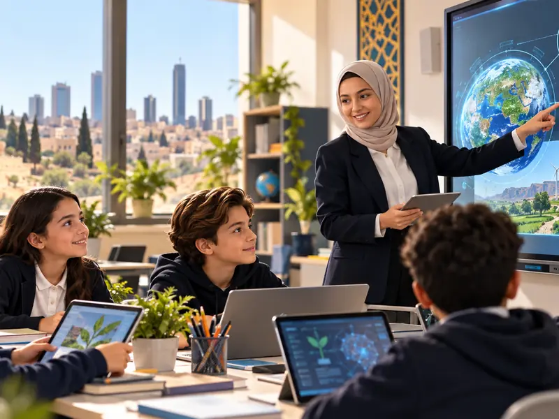 A teacher presenting digital lesson content on an interactive screen to a class