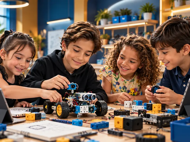 Children building and testing a robot car together