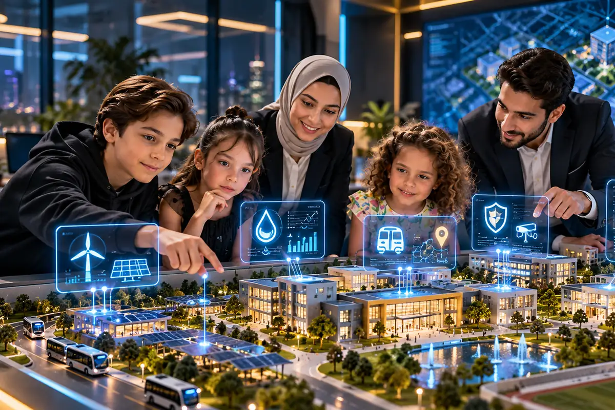 Children and instructors exploring a smart-city model with holographic data panels